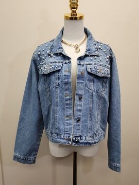 Light Wash Pearl Embellished Denim Jean Jacket Size XL